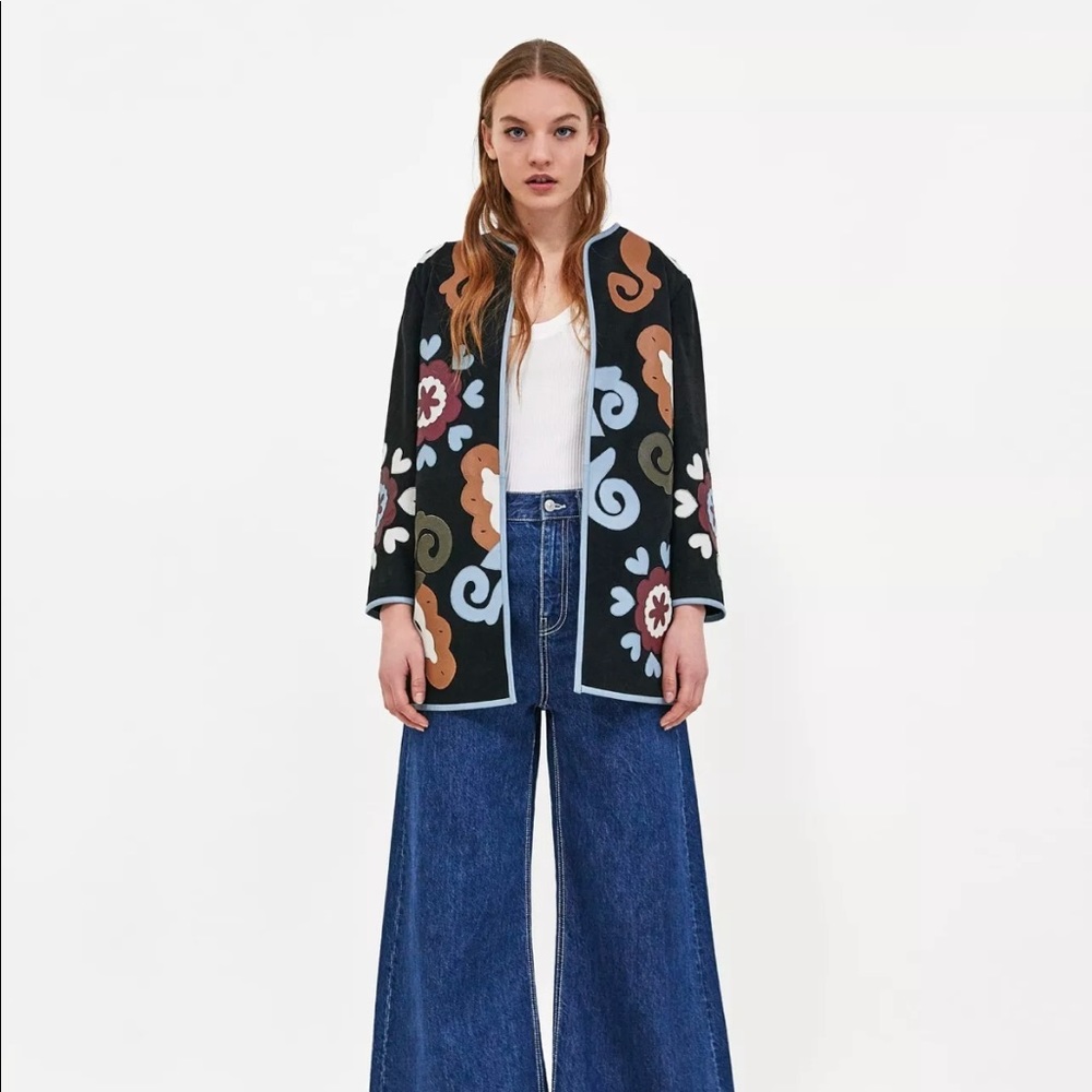 ZARA LEATHER COAT W/ MULTICOLOURED APPLIQUÉS BLACK